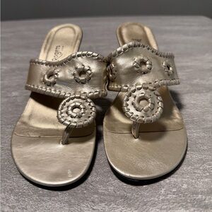Jack Rogers Jacks Kitten Heel Platinum Gold Leather Whipstitch Sandals Size 7 M